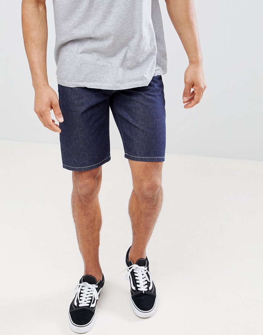 Asos Design Denim Shorts In Slim Indigo Contrast Stitch-blue