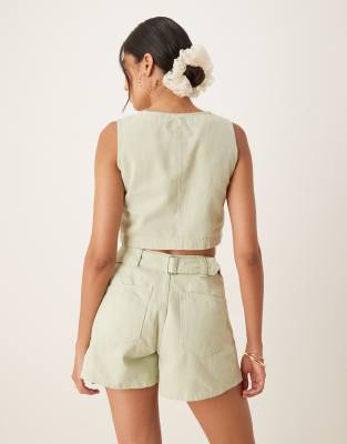 Asos Design Denim Shorts With Cinched Back Detail In Green