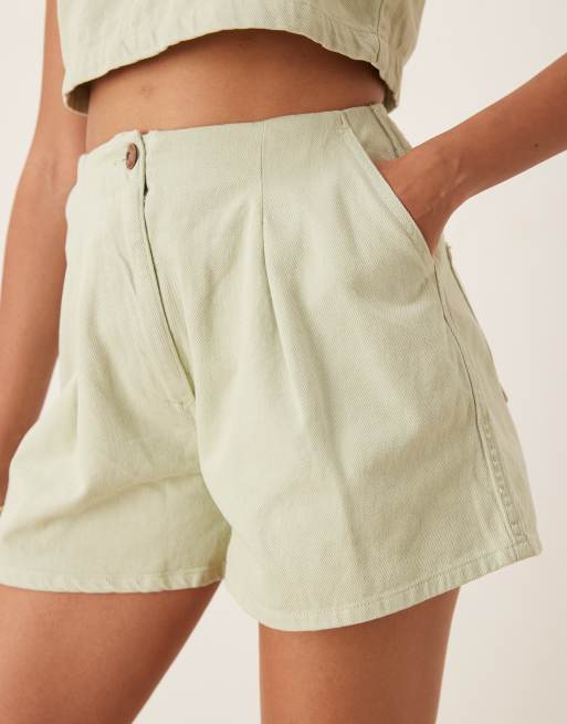ASOS DESIGN denim shorts with cinched back detail in pistachio - part of a set