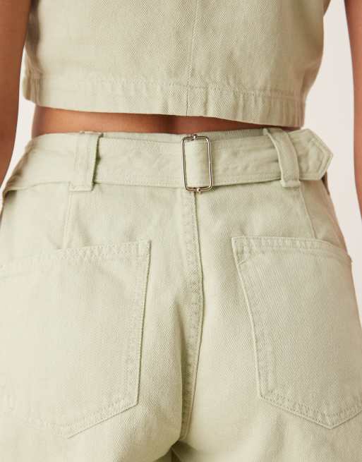 ASOS DESIGN denim shorts with cinched back detail in pistachio - part of a set