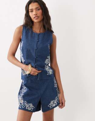 Asos Design Denim Shorts With Cutwork Detail In Blue