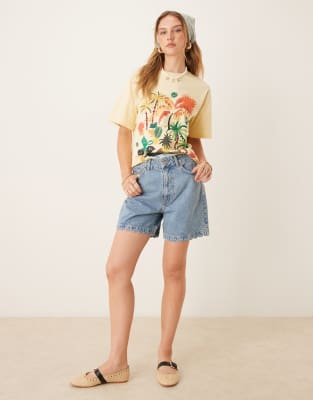 Asos Design Denim Shorts With Scallop Edge Detailing In Yellow