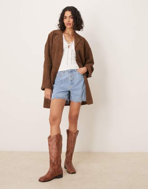 ASOS DESIGN denim shorts with scallop hem in mid blue - view 1