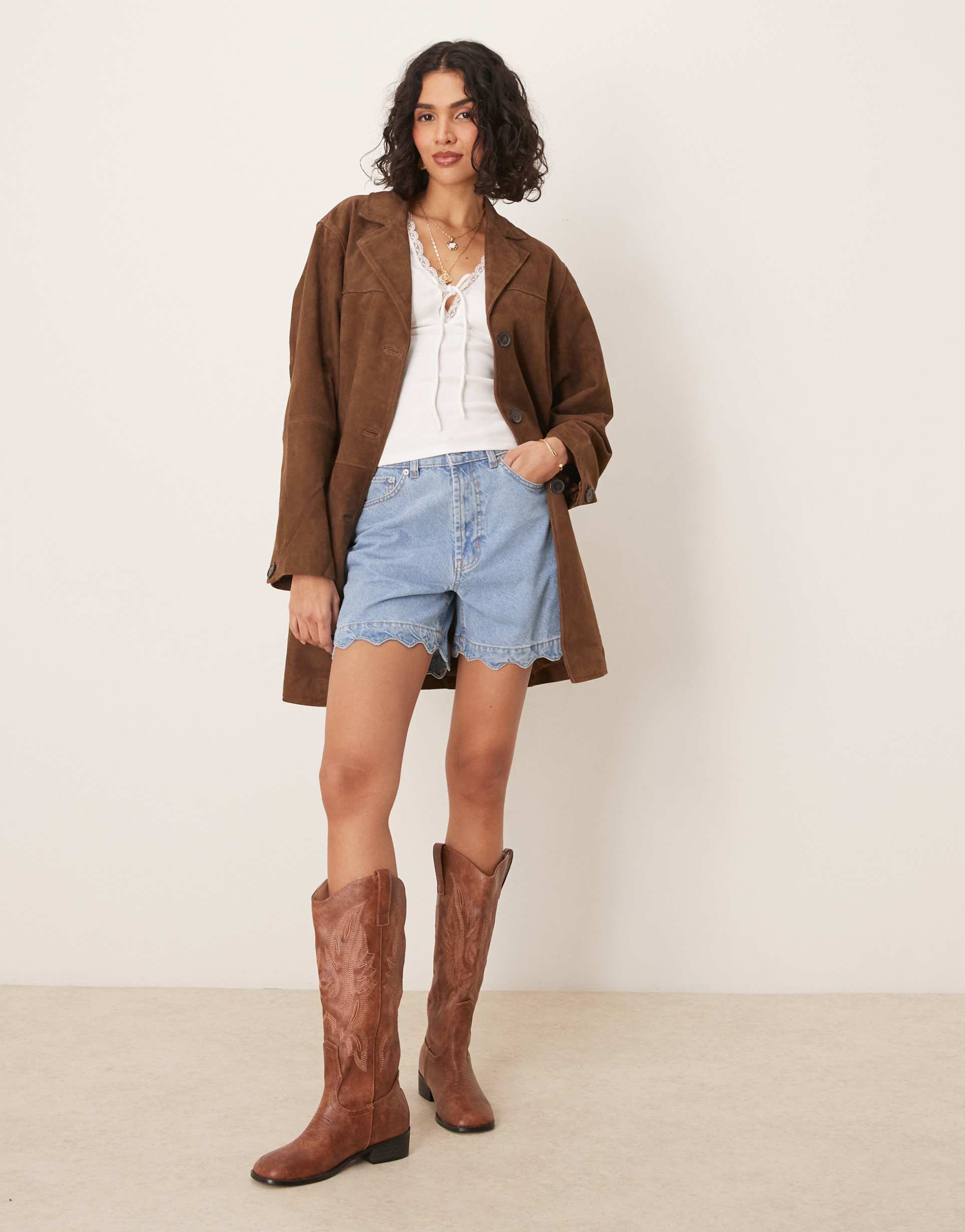 asos design denim shorts with scallop hem in mid blue