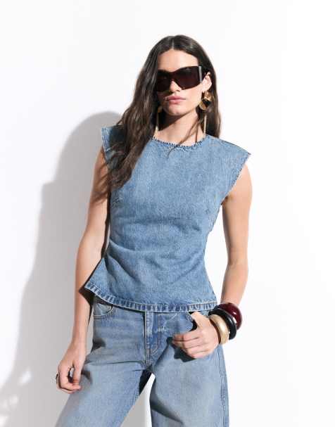 ASOS DESIGN denim shoulder pad sleeveless co-ord in light mid blue - view 1