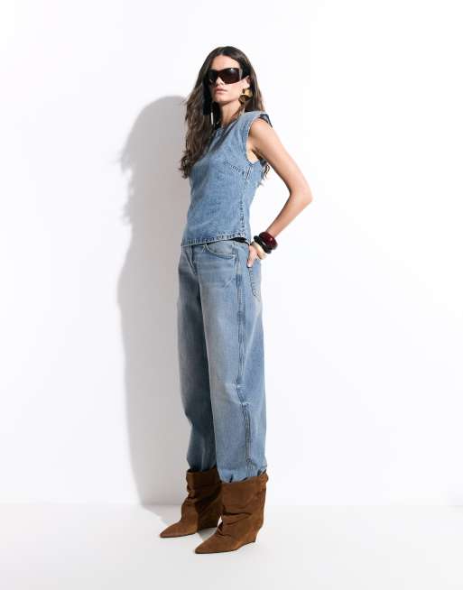 ASOS DESIGN denim shoulder pad sleeveless co-ord in light mid blue, 2 of 8