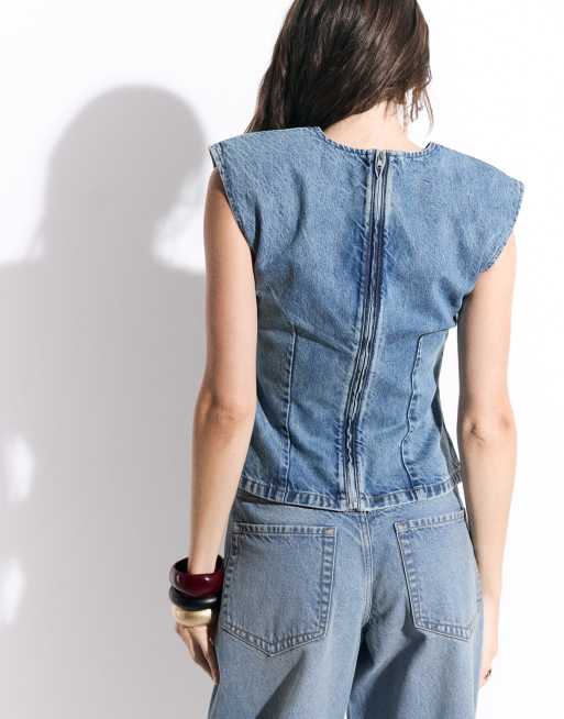 ASOS DESIGN denim shoulder pad sleeveless co-ord in light mid blue, 4 of 8