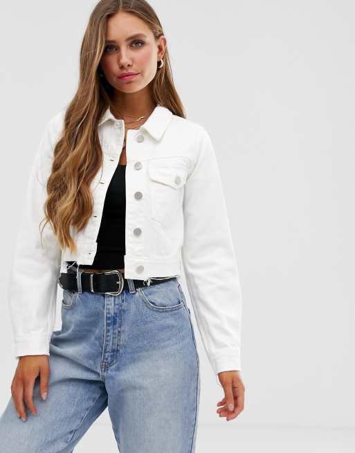 ASOS DESIGN denim shrunken jacket in off white with raw hem | ASOS