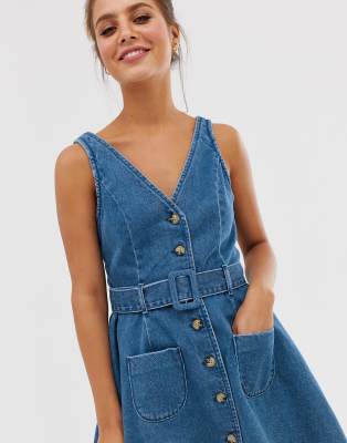 ASOS DESIGN denim skater button through dress with belt in blue