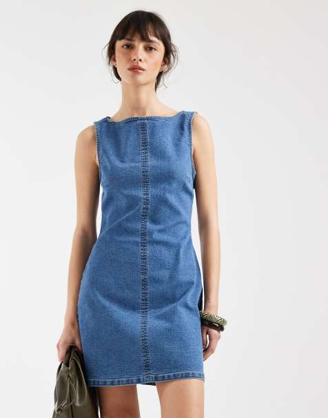 ASOS DESIGN denim slash neck bodycon mini dress in mid blue - view 1