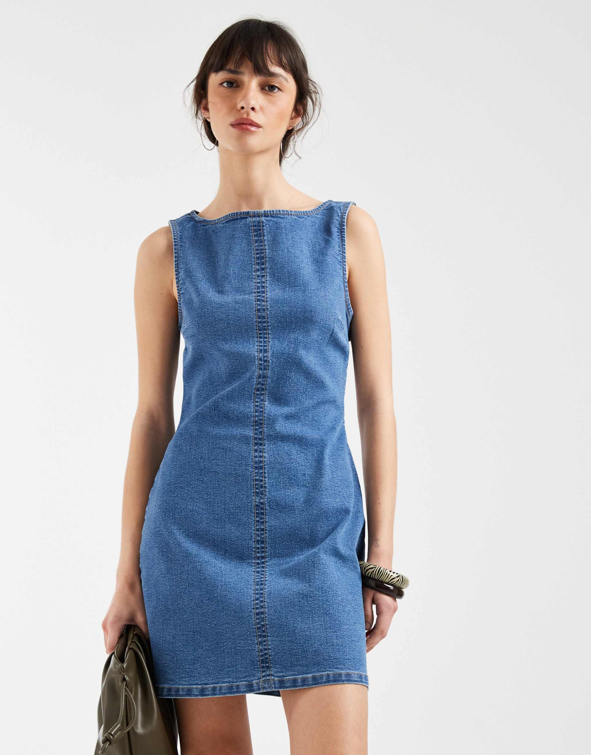 asos design denim slash neck bodycon mini dress in mid blue