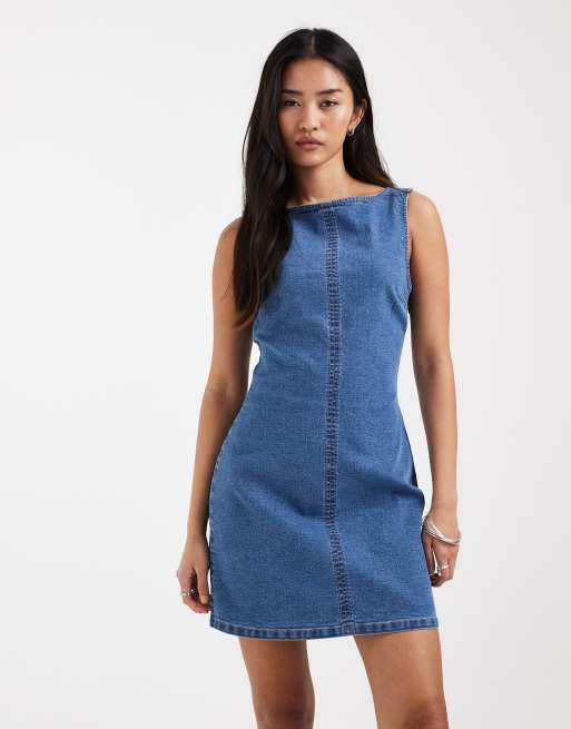 ASOS DESIGN denim slash neck bodycon mini dress in mid blue, 2 of 4