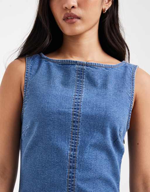 ASOS DESIGN denim slash neck bodycon mini dress in mid blue, 3 of 4