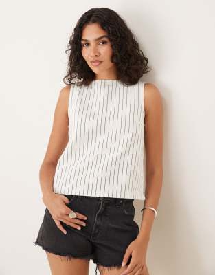 ASOS DESIGN denim slash neck tank top in ecru stripe-White