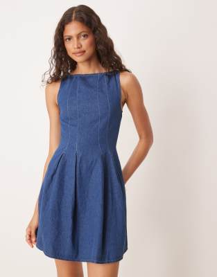 Asos Design Denim Slash Neck Waisted Mini Dress In Blue