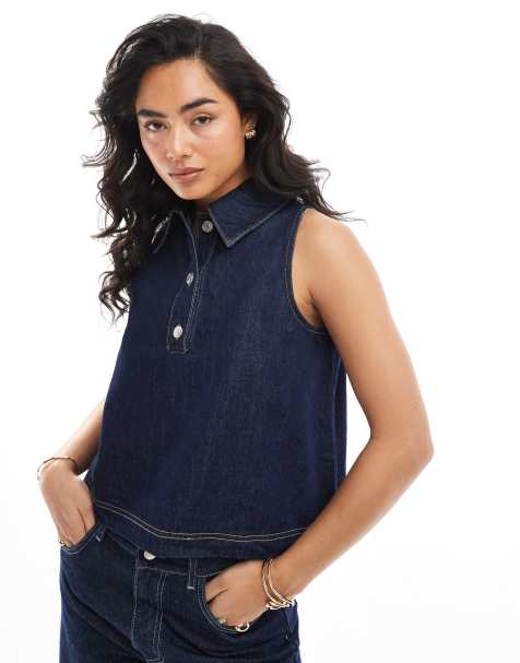 ASOS DESIGN denim sleeveless collar button up top in indigo - view 1