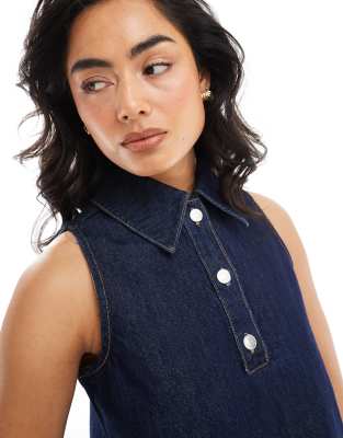 Asos Design Denim Sleeveless Collar Button Up Top In Blue