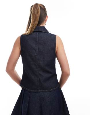 Asos Design Denim Sleeveless Collared Tie Front Top In Blue