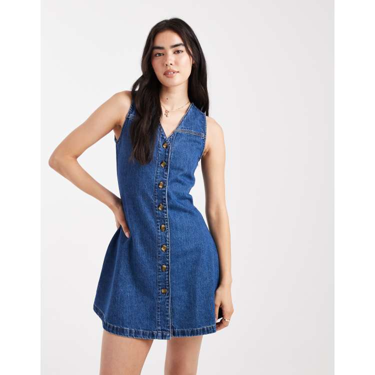 ASOS DESIGN denim sleeveless fit and flare mini dress in mid blue | ASOS
