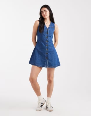 Asos Design Denim Sleeveless Fit And Flare Mini Dress In Blue