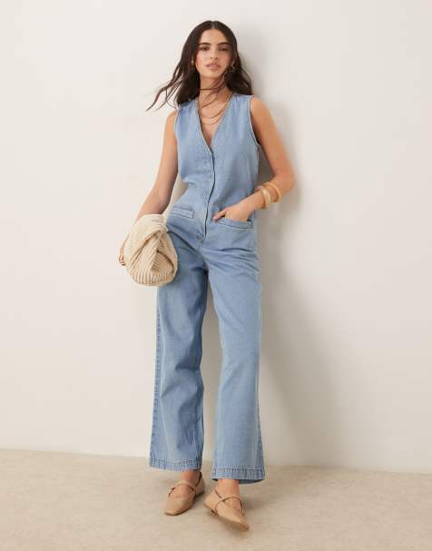 ASOS DESIGN denim sleeveless jumpsuit with tie back in lightwash blue - view 1