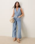 [ASOS DESIGN] ASOS DESIGN denim sleeveless jumpsuit with tie back in lightwash blue 6 Light blue