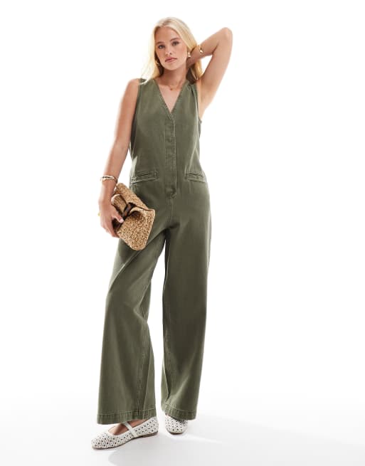 ASOS DESIGN denim sleeveless loose jumpsuit in khaki green wash