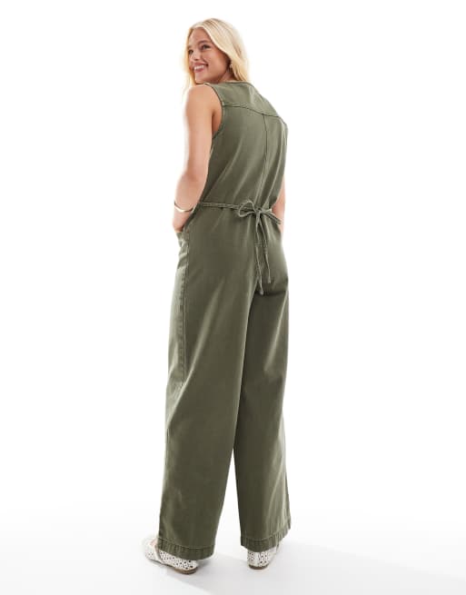 ASOS DESIGN denim sleeveless loose jumpsuit in khaki green wash