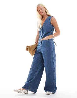 Asos Design Denim Sleeveless Loose Jumpsuit