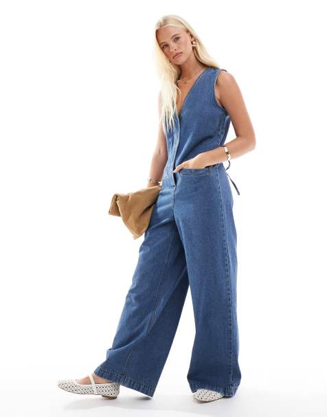 ASOS DESIGN denim sleeveless loose jumpsuit in midwash blue - view 1