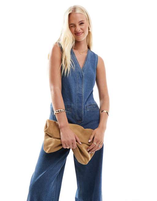 ASOS DESIGN denim sleeveless loose jumpsuit in midwash blue