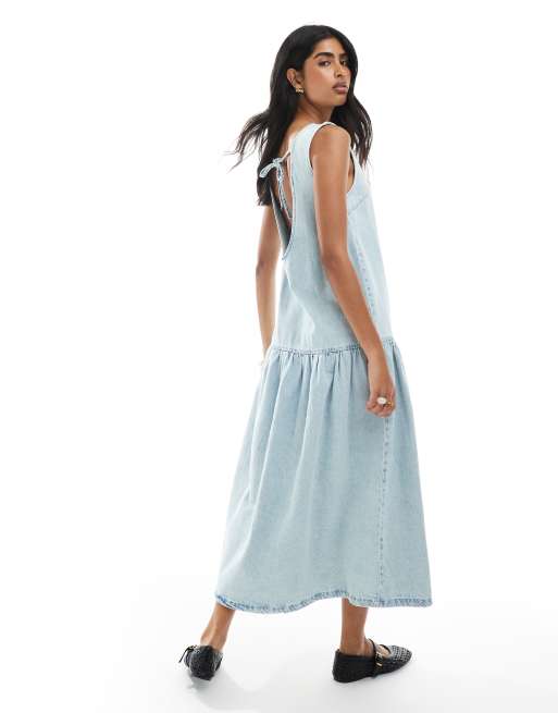 ASOS DESIGN denim sleeveless midi dress with drop waist in lightwash blue, 3 of 4