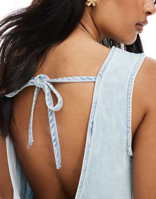 ASOS DESIGN denim sleeveless midi dress with dropped waist in light wash blue