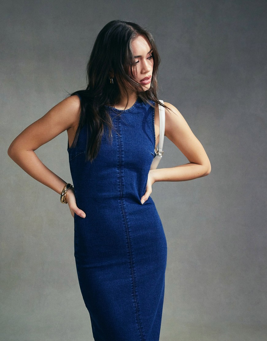 Asos Design Denim Sleeveless Midi Dress With Seam Detail In Rinse Wash-blue
