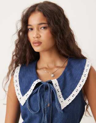 Asos Design Denim Sleeveless Mini Dress With Oversized Collar In Blue