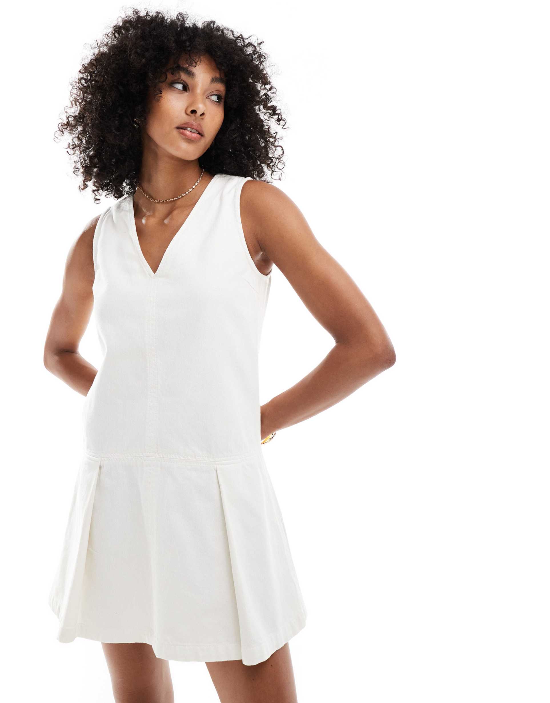asos design denim sleeveless mini dress with pleated dropped waist in stone