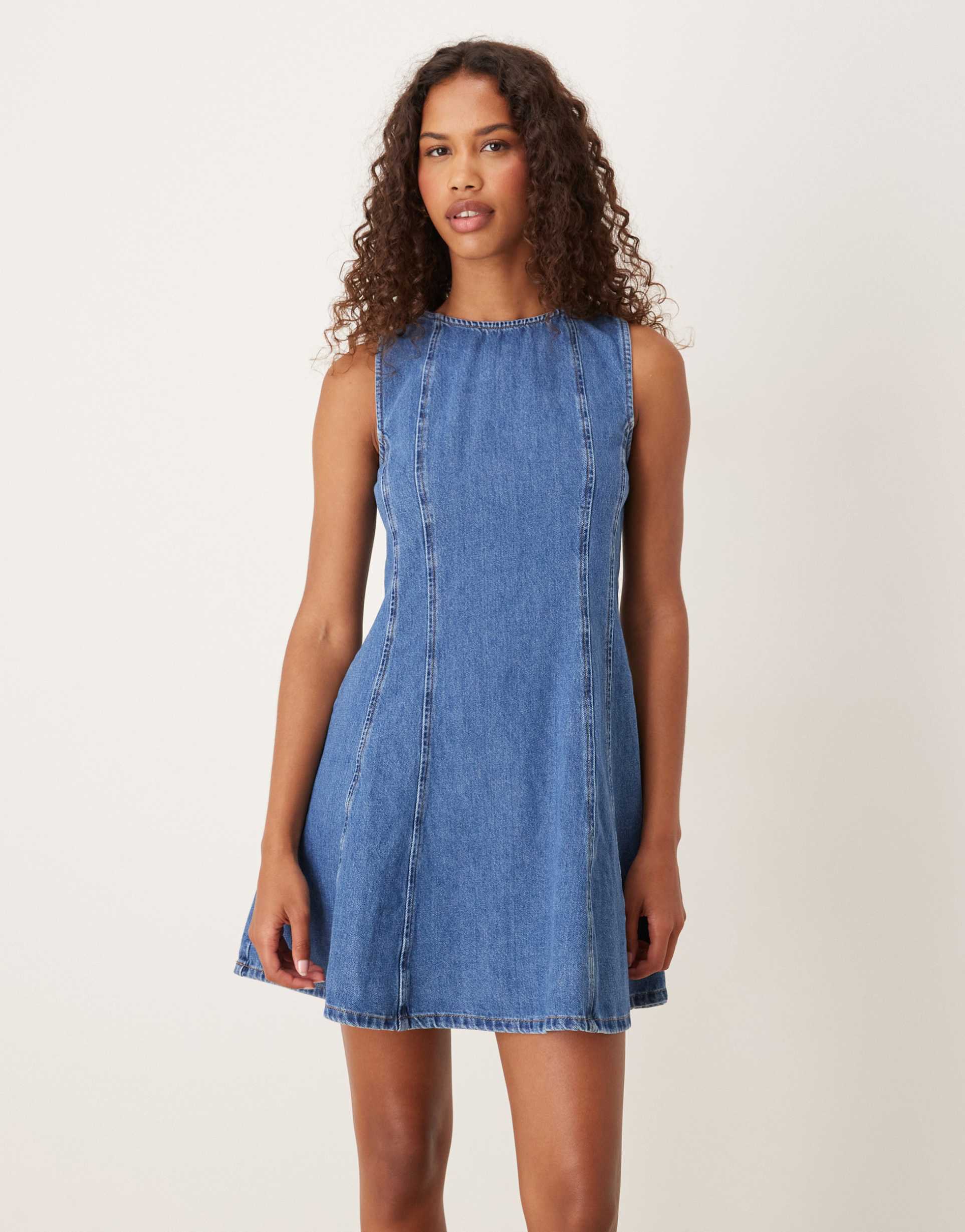 asos design denim sleeveless slash neck mini dress in rich blue