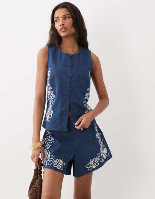 Asos Design Denim Sleeveless Top With Cutwork Detail In Blue