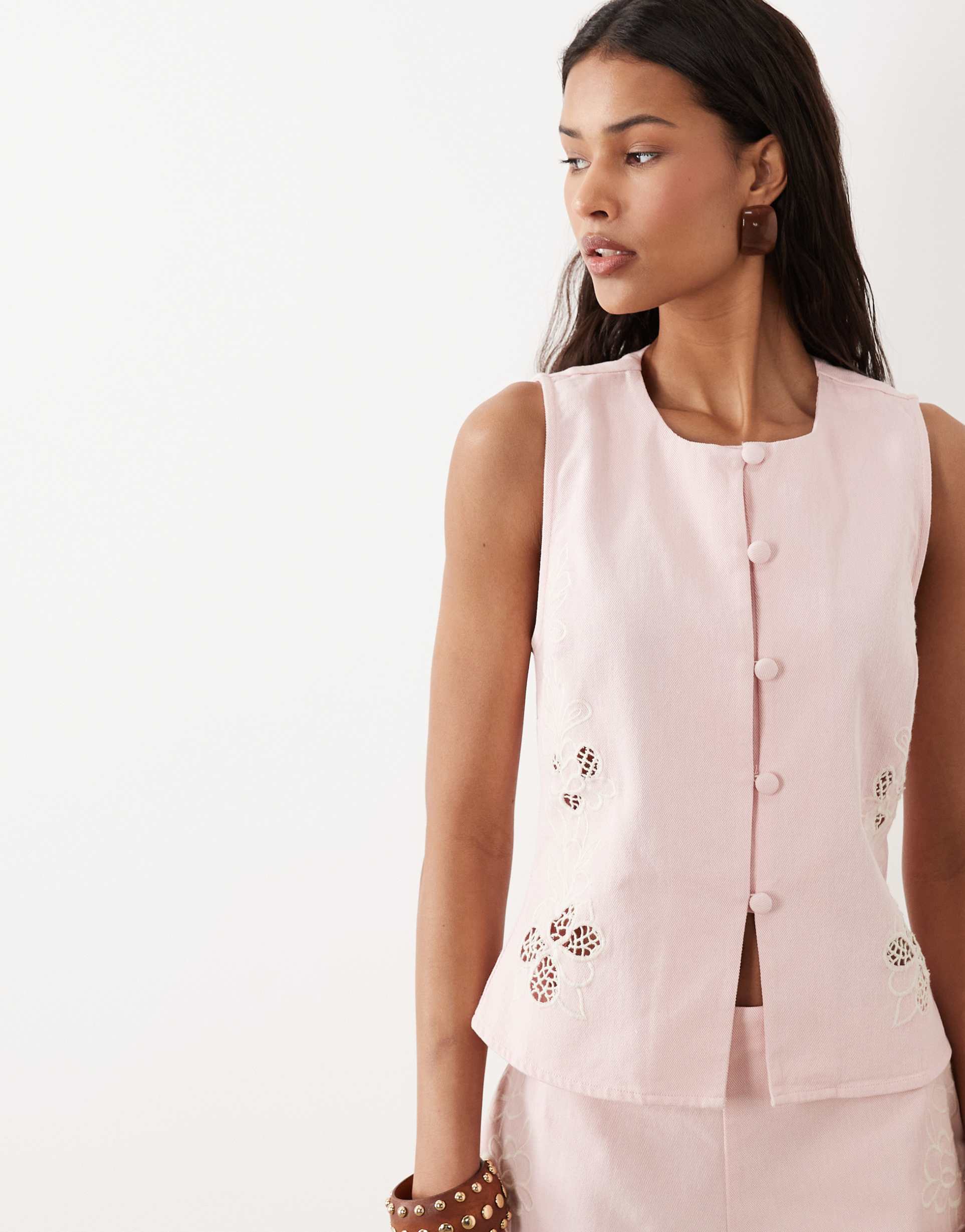asos design denim sleeveless top with cutwork detail in pink