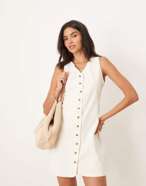 ASOS DESIGN denim sleeveless V neck dress with button through in ecru - view 1