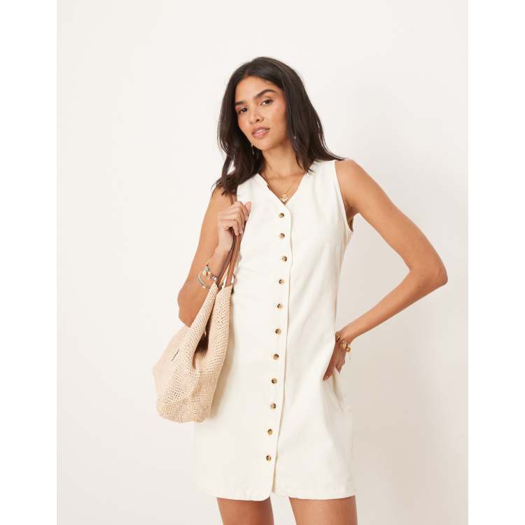 ASOS DESIGN denim sleeveless V neck dress with button up in