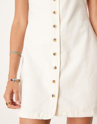 Asos Design Denim Sleeveless V Neck Dress With Button Up