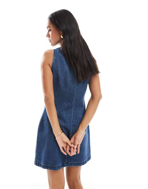 ASOS DESIGN denim sleeveless v neck dress with button up in mid wash blue
