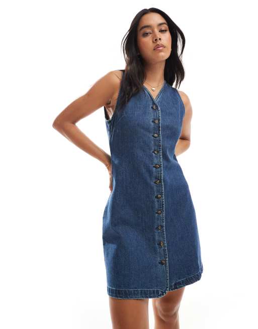 ASOS DESIGN denim sleeveless v neck dress with button up in mid wash blue
