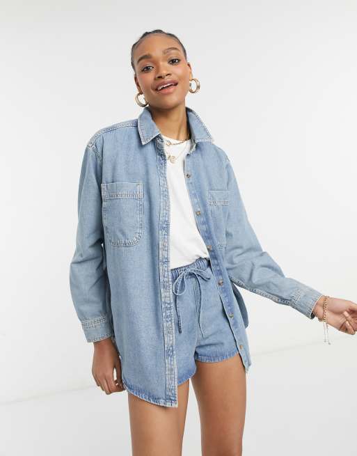 ASOS Denim Jacket With Cut Off Sleeve in Mid Wash