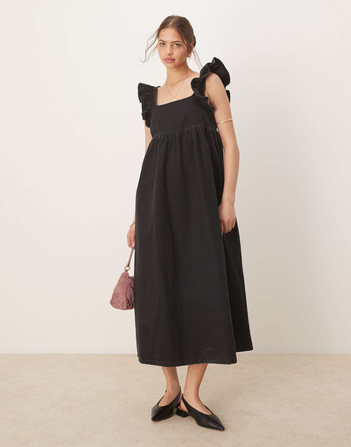 ASOS DESIGN denim smock maxi dress with bow back in black