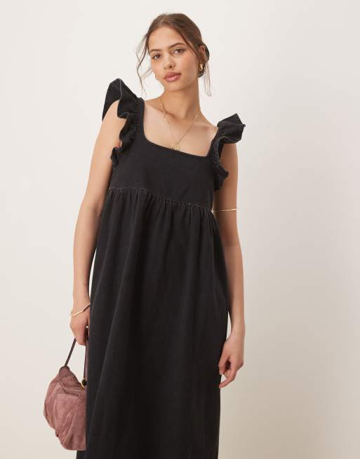 ASOS DESIGN denim smock maxi dress with bow back in black, 3 of 4