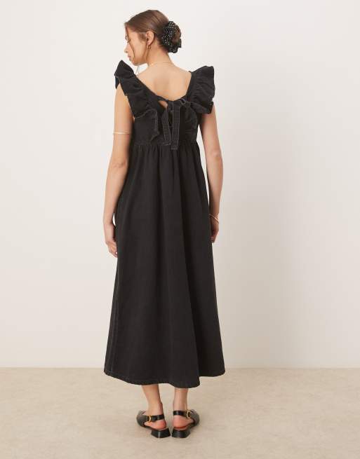 ASOS DESIGN denim smock maxi dress with bow back in black, 4 of 4