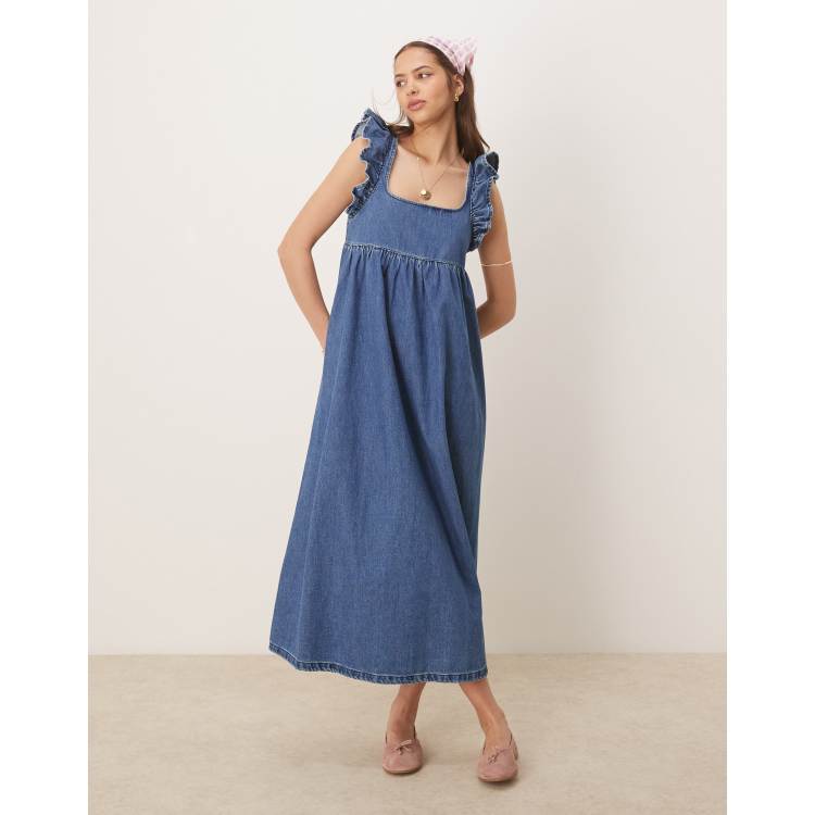 ASOS DESIGN denim smock maxi dress with bow back in midwash blue