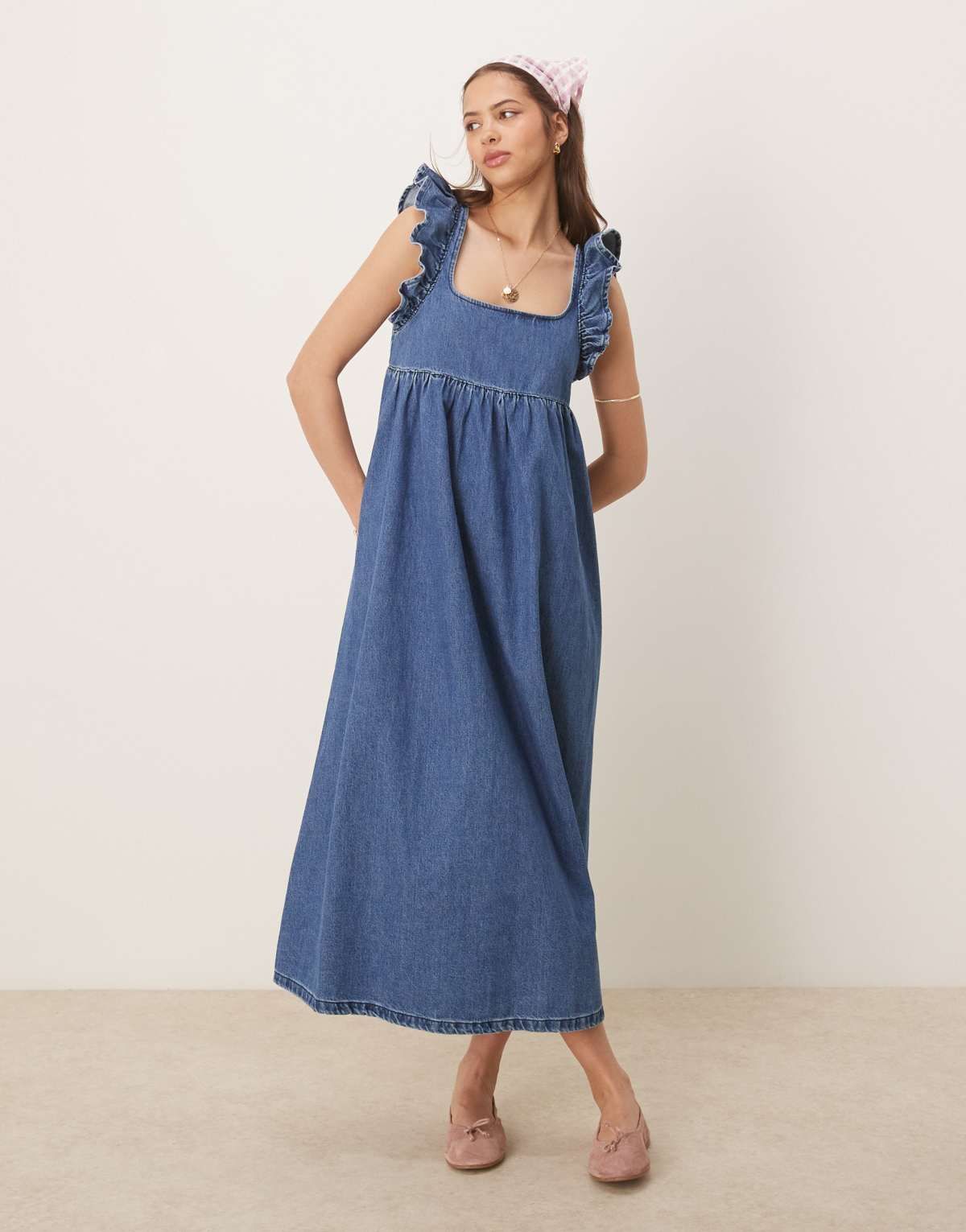 ASOS DESIGN denim smock maxi dress with bow back in midwash blue
